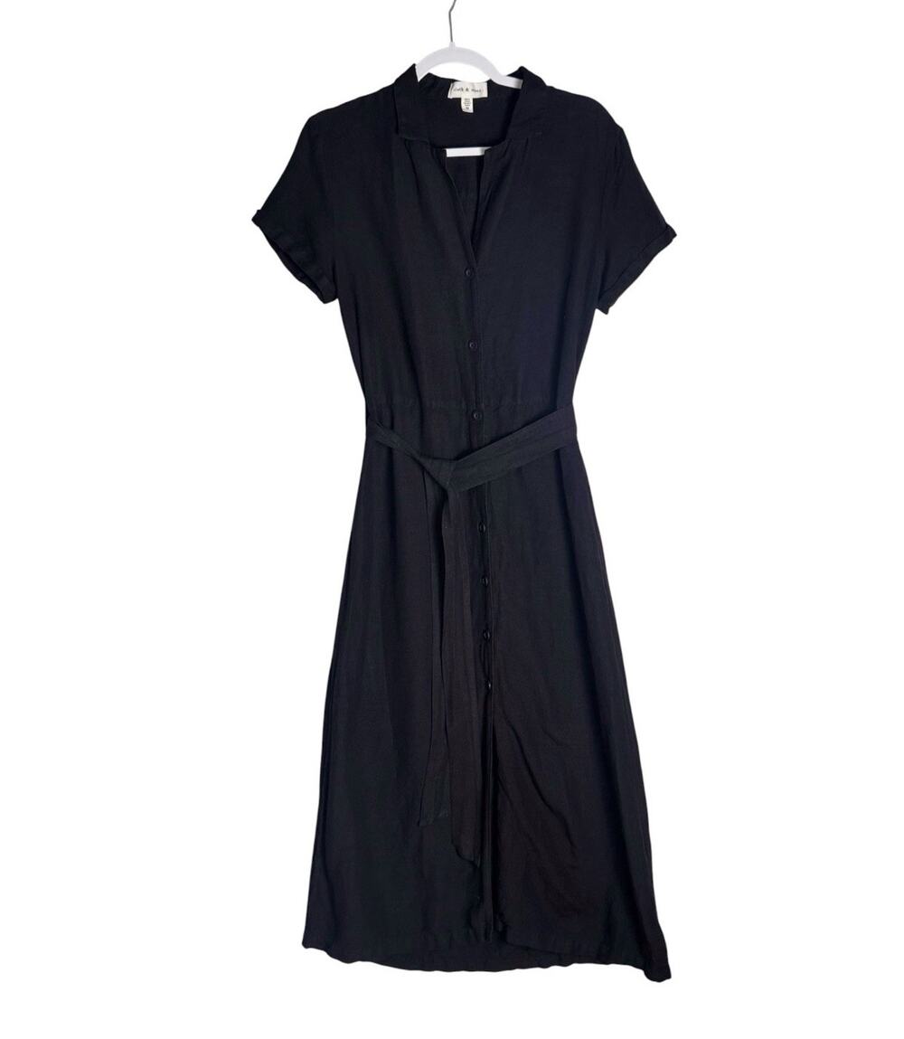 Cloth & Stone Black Linen Blend Maxi Dress Belted Button Front Quiet Luxury XS